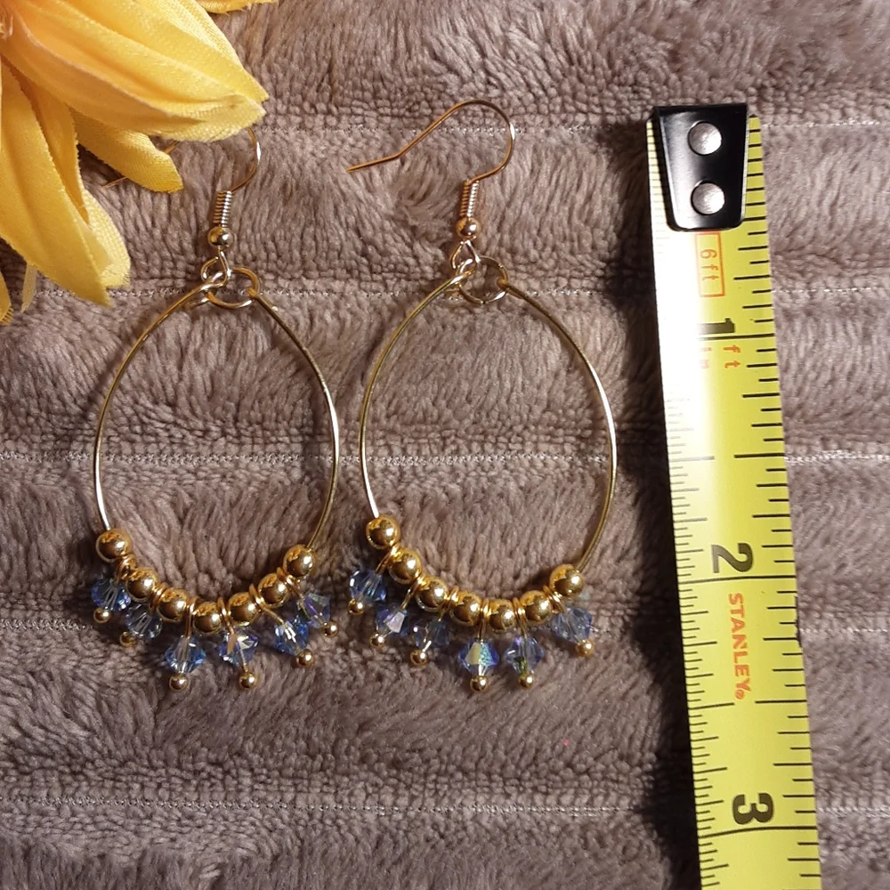 Handcrafted Hoop Gold and Blue Dangle Earrings. - Picture 3 of 3